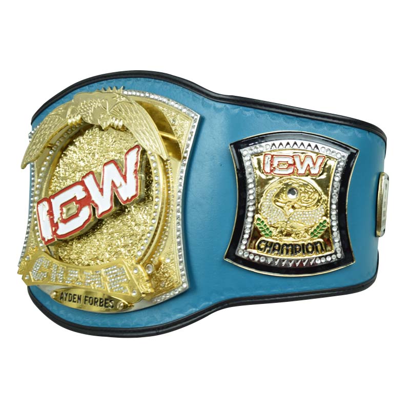 Side view of a blue custom spinner belt featuring gold ICW championship plates and personalized nameplate