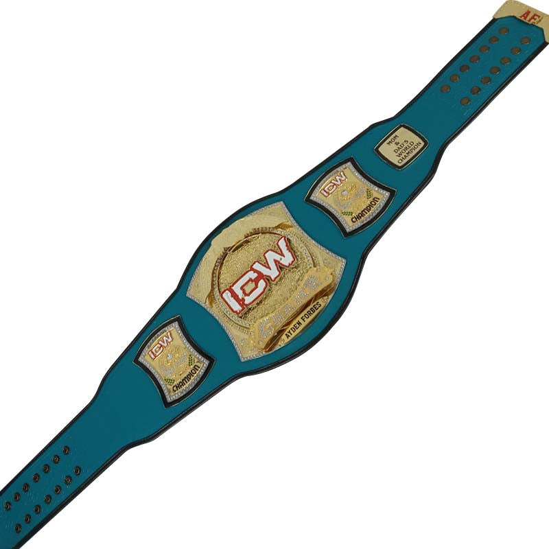 Full length view of a custom spinner belt with teal leather strap, gold spinning center plate, and snap closures.